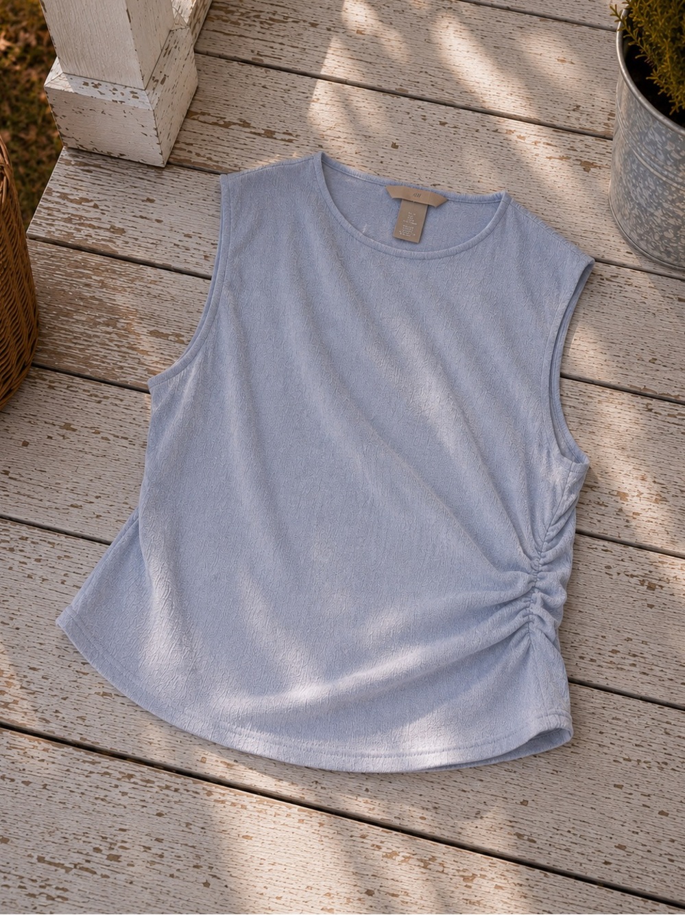 H&M Light Blue Ruched Draped Sleeveless Top Women's Casual Blouse